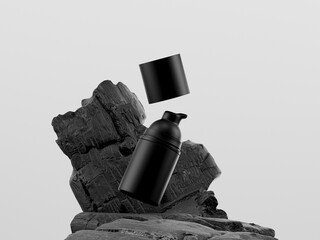 Cosmetic bottle mock up. Minimal box on rock.