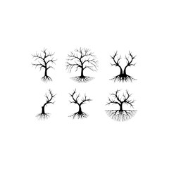 Collection tree roots silhouette vector, hand drawn for dead tree