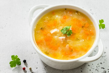 Healthy split pea soup with ham in bowl. Top view, copy space, flat lay.