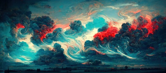 Fototapeta na wymiar Sunset dusk fantasy of surreal cumulus storm clouds - golden hour grandiose fiery crimson red and sky blue colors. Bold dramatic digital oil impasto painting cloudscape with dark gothic undertone. 