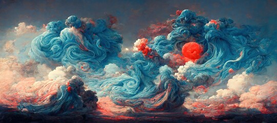 Fototapeta na wymiar Sunset dusk fantasy of surreal cumulus storm clouds - golden hour grandiose fiery crimson red and sky blue colors. Bold dramatic digital oil impasto painting cloudscape with dark gothic undertone. 