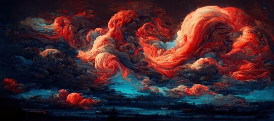 Sunset dusk fantasy of surreal cumulus storm clouds - golden hour grandiose fiery crimson red and sky blue colors. Bold dramatic digital oil impasto painting cloudscape with dark gothic undertone.  - obrazy, fototapety, plakaty