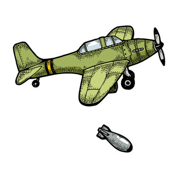 recommend clip art: Bomber plane drops bomb color sketch engraving PNG illustration with transparent background