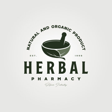 herb pharmacy logo vector symbol illustration design, leaf bowl mortal and pestle logo design