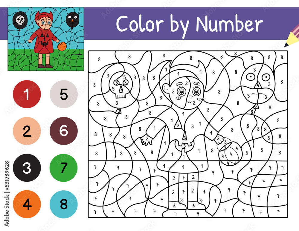 Wall mural cute kid in devil costume color by number game for kids. coloring page with halloween character. pri