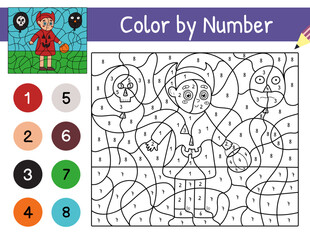 Cute kid in devil costume color by number game for kids. Coloring page with Halloween character. Printable worksheet with solution for school and preschool. Vector illustration
