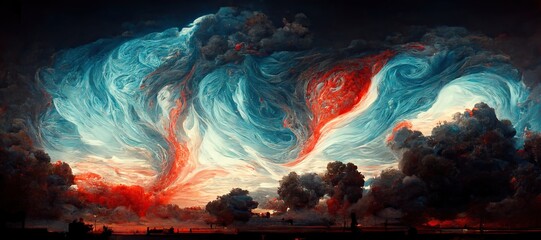 Sunset dusk fantasy of surreal cumulus storm clouds - golden hour grandiose fiery crimson red and sky blue colors. Bold dramatic digital oil impasto painting cloudscape with dark gothic undertone. 