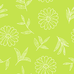 chamomile and tea leaves seamless pattern hand drawn in doodle style. vector, minimalism, monochrome, scandinavian. wallpaper, wrapping paper, textiles, background.