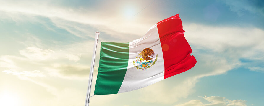 Mexico national flag cloth fabric waving on the sky - Image