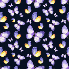 Watercolor seamless pattern of yellow and purple butterflies on a dark background, watercolor illustration. Ideas for backgrounds, prints, fabrics, papers, etc.