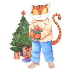 Cute tiger with a gift near the Christmas tree. New Year card. Hand drawn watercolor illustration on a white background. Image for the holiday, decor, poster, print, congratulation. 