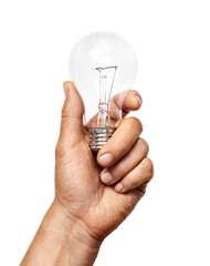 Man's hand holds tungsten light bulb isolated on white background