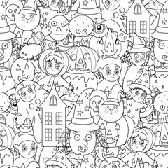 Halloween seamless pattern in black and white. Doodle coloring page for adult and kids with pumpkin, witch, kids in costumes and others. Vector illustration