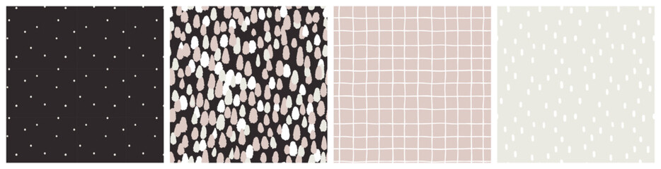 Abstract spot and minimalist check grid seamless pattern set in blush pink, ivory beige, white and black colors. Modern trendy bedding textile fabric print.