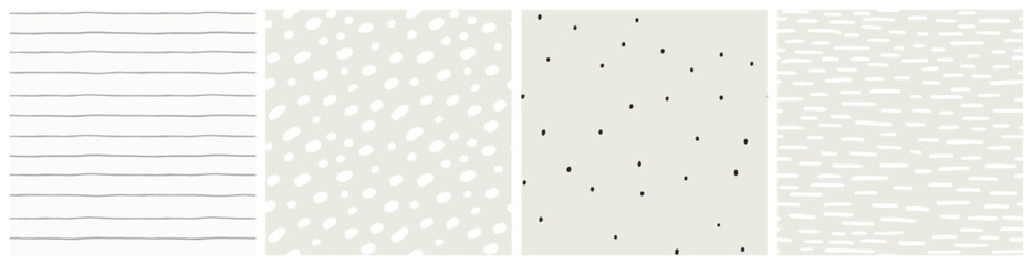 Neutral beige seamless pattern set with different spot and thin stripe designs. Bedding textile fabric print with subtle abstract dots on soft khaki background.