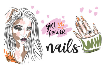 Fashion set, girl strength, nails, handwritten quote, trendy manicure, girl portrait