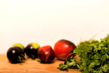 Autumn composition of vegetables on the table on a white background