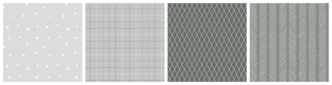 Gender neutral, natural olive green seamless pattern set. Baby blanket, nursery bedding textile in soft earthy colors with check plaid, spot, herringbone and diamond print. Repeating vector design for
