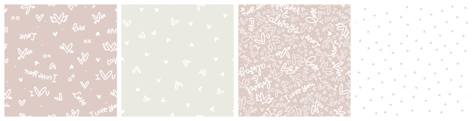 Romantic seamless pattern set in blush pink, soft beige and white colors. Bedding textile, lingerie non directional fabric print vector design with hand written I love you, always and forever text and