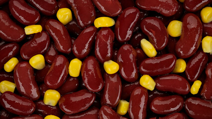 Red kidney beans and canned corn close up. Healthy vegan snack