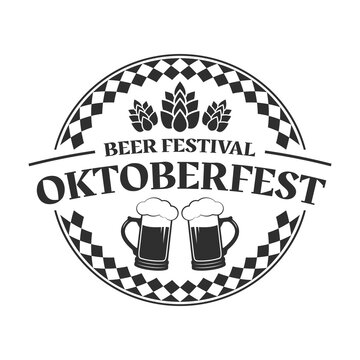 Oktoberfest logo, label or icon. Beer fest round badge with mugs and malt. German, Bavarian October festival design element. Vector illustration.