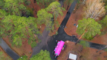 Park with fast food restaurant, view from drone. wagon with food in the park where people walk who can have a bite of delicious cooked food. Walking park with pink wagon with food.