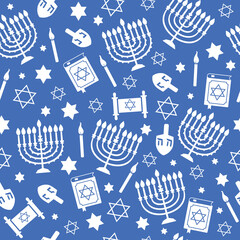 Hanukkah seamless pattern with menorah, dreidel, candles, star of David. Jewish holiday blue texture, background. Cute vector design for wallpapers, children gift wrap paper, textile print.