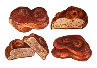 Cinnamon bun, Baking, drawing food. Elements for the design of the menu. A recipe for home cooking. A set of watercolor illustrations, painting. Isolated objects on a white background.