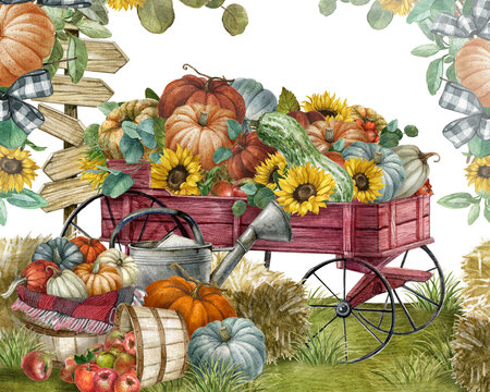 Watercolor harvest background, a rustic wheelbarrow full of pumpkins, hay, and sunflowers.Fall decor composition for Thanksgiving and autumn arrangement card, Farmhouse rustic garden illustration