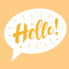 Hello! Orange letters with line and circle elements inside speech bubble. Vector illustration, hello lettering banner light yellow background.  For blog website printing t shirt bag card cartoon style
