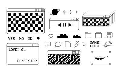 Set of retro digital screen user interface in y2k, 90s, 00s style. Old computer windows and icons. Vector illustration in retrowave aesthetic