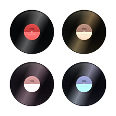 Gramophone vinyl LP records with labels. Black musical long play album disc old technology, realistic retro design, vector illustration isolated on white background eps10