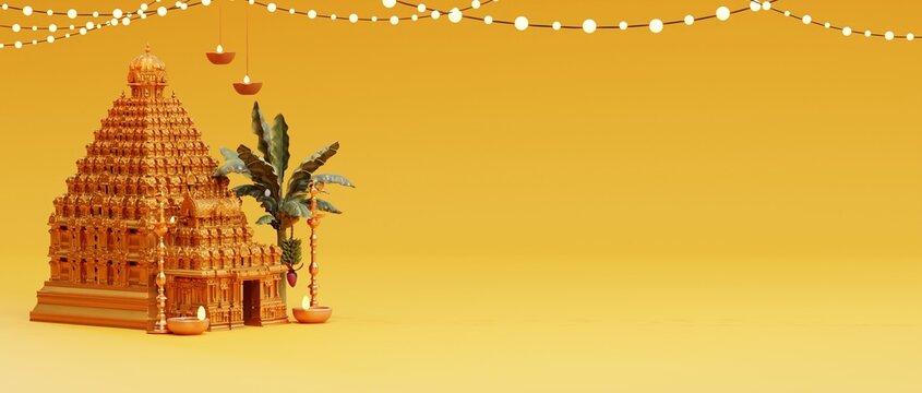 south indian temple with banna tree and diya lamp in yellow background, 3d render