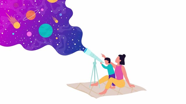 Animated stargazing characters. Full body flat people 4k video footage with alpha channel. Watching stars with kid. Astronomy color cartoon style illustration for motion graphic design and animation