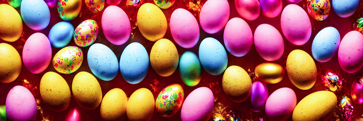 Colorful Easter Eggs Background. Banner size. 3D