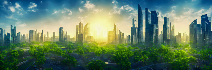 Green city of the future. Eco City of the future. Harmony of city and nature. Sunrise in the big city. Banner size