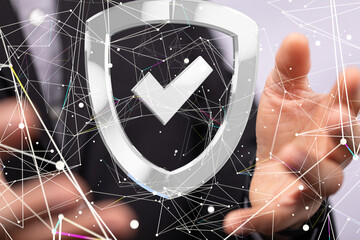 cyber shield protection concept holding in hand