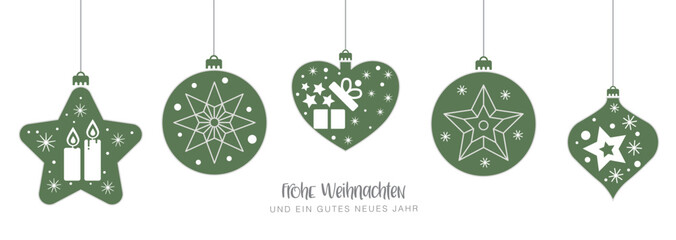 Fototapeta Frohe Weihnachten - Karte mit grünen Christbaumkugeln und deutschem Text auf weißem Hintergrund obraz