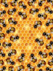 Vector illustration of buzzing working bees crawling on a honeycomb
