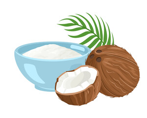Vector coconut flour in bowl. Cartoon simple healthy food illustration.