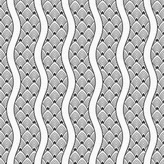 Fototapeta premium Fish, dragon, snake scales seamless vector pattern. Scales with wavy lines in the foreground. Repeated black curves, isolated on white background. Regular ornament. Black and white vector pattern.