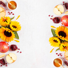 Jewish holiday Rosh Hashanah greeting card with apples, honey and flowers, autumn web banner with fruits and flowers