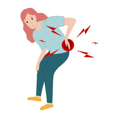 Woman has low back pain and sciatica from a herniated disc. Medical diagrams about trapped nerves make patients chronic pain in the back and paralysis. Vector illustration.