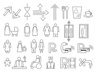 Set of vector line icons ready to use in a wayfinding system.