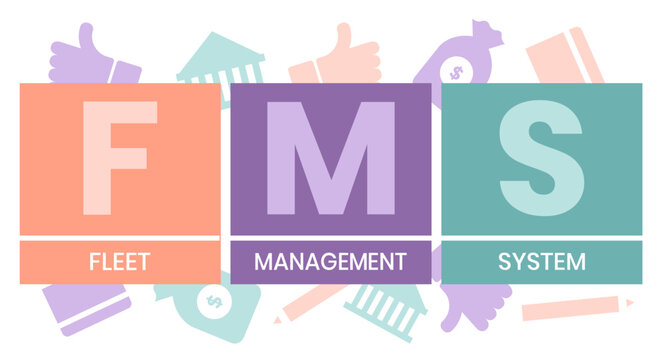 FMS - Fleet Management System acronym. business concept background. Vector illustration with keywords and icons. Lettering illustration with icons for web banner, flyer, landing