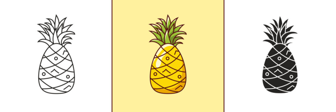 Cartoon pineapple in doodle style in three variations. Outline, colorful and glyph vector flat illustrationon