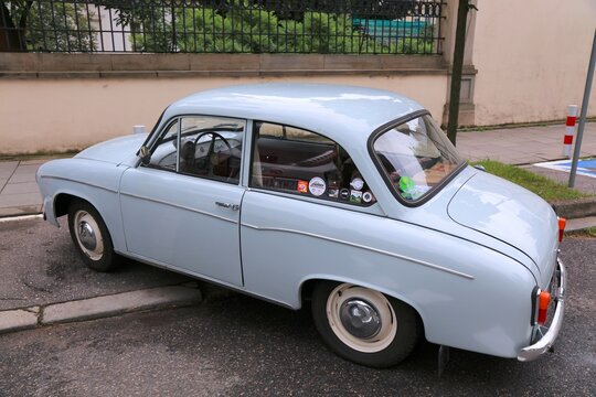 KRAKOW, POLAND - JULY 3, 2021: FSO Syrena 105 vintage Polish car parked in Krakow. The car is a symbol of Polish car industry.