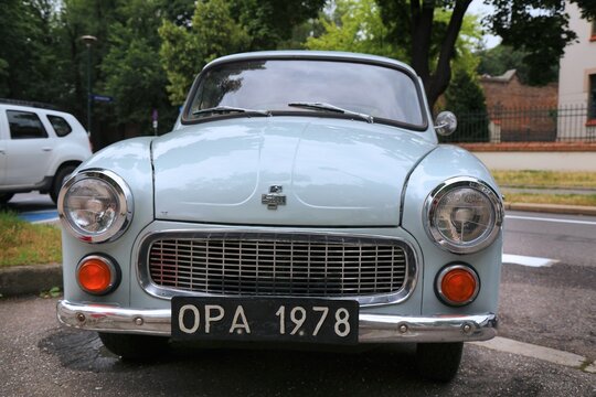 KRAKOW, POLAND - JULY 3, 2021: FSO Syrena 105 vintage Polish car parked in Krakow. The car is a symbol of Polish car industry.