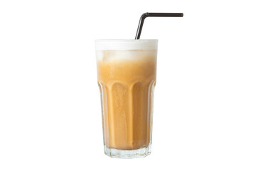 Iced coffee on glass with tube sucking isolated white background