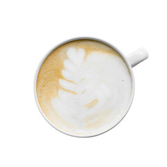 Top view. coffee latte art on a cup isolated white background.